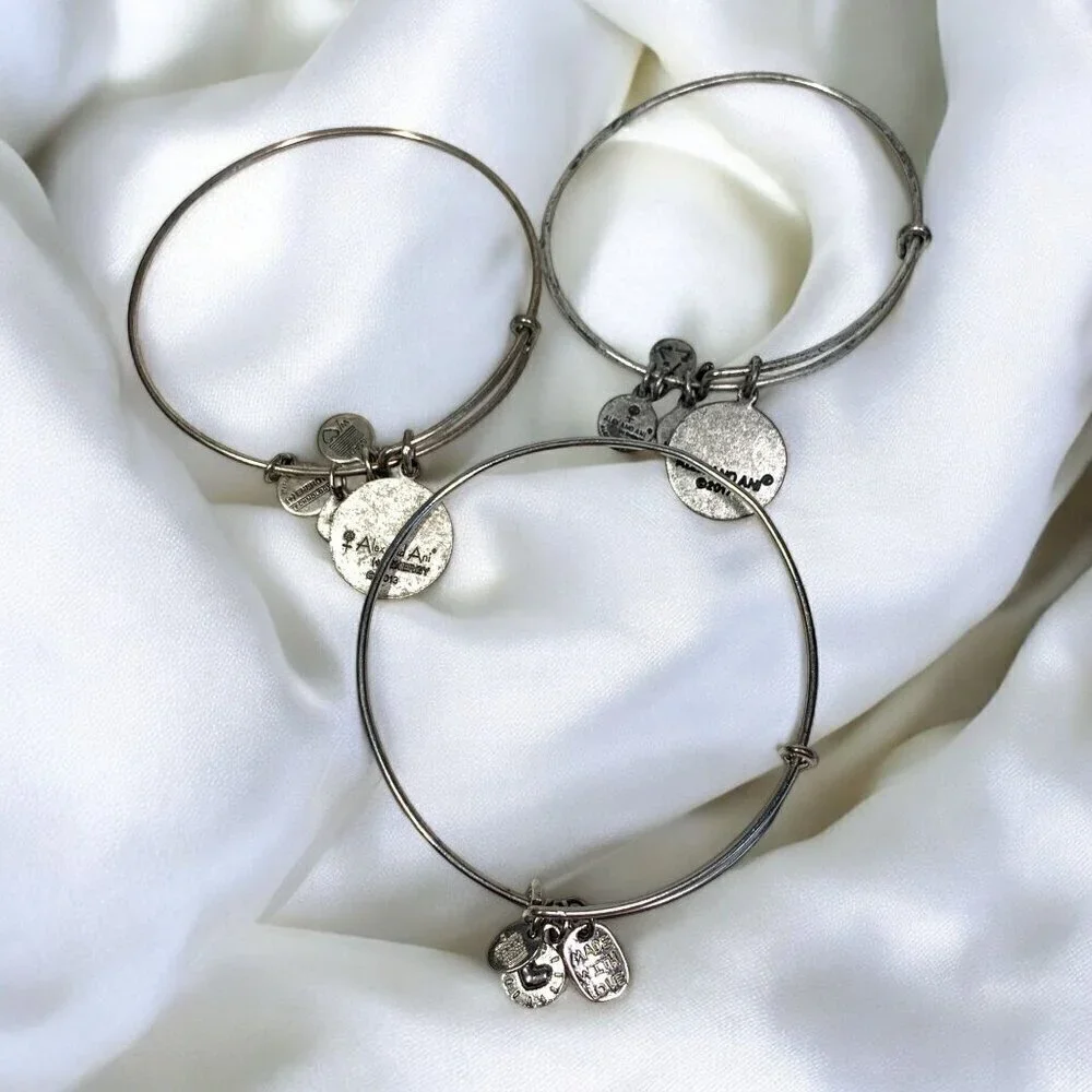 Alex and Ani Silver Charm Bangle Bundle Trio Friend Initial G Heart Adjustable